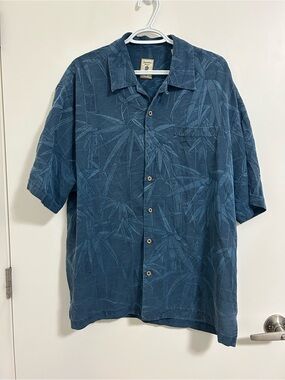 Jamaica Jaxx Blue Textured Bamboo Leaf Print Hawaiian Shirt 100% Silk XL